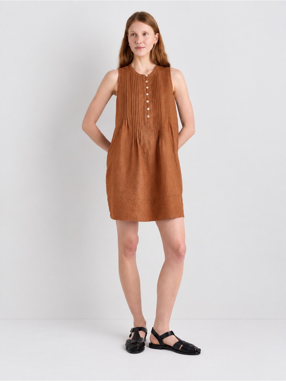 Quince 100% European Linen Sleeveless Swing Dress Brown Size Large